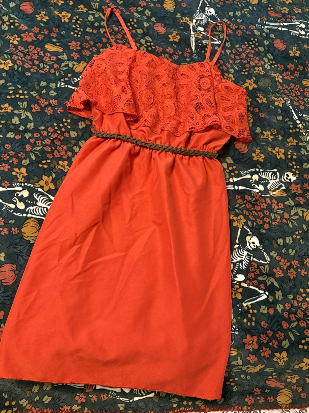 Burnt Orange Lace-Trim Spaghetti Strap Dress